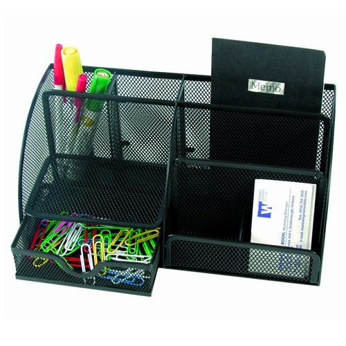 Desk Organizer-Mesh 5 Compartments With Drawer, Black - 12176