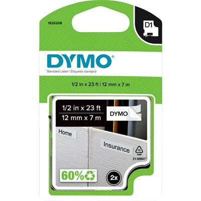 Tape-Dymo D1, 1/2" X 23' Black On White 2/Pk - 1926208