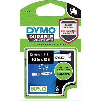 Tape-Dymo D1, 1/2" X 18' Black On White - 1978364