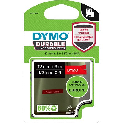 Tape-Dymo D1, 1/2" X 10' White On Red - 1978366