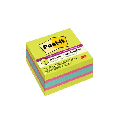 Notes-Post-It Cube, 3X3 Super Sticky, Green, Fuchsia, Aqua - 2027-SSGFA