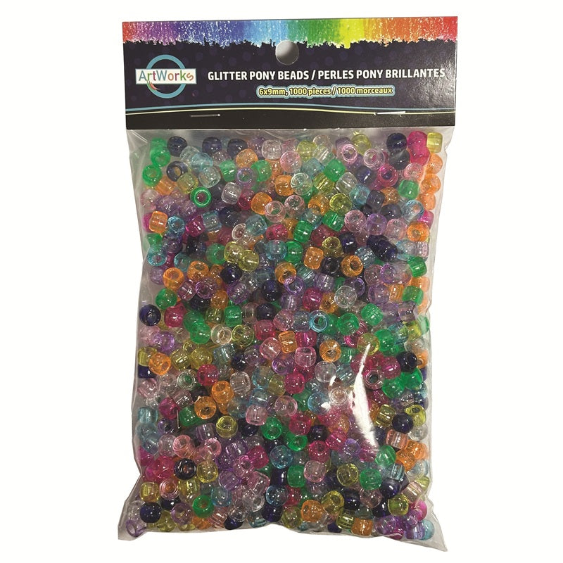 Beads-Pony Beads 6X9Mm, Assorted Glitter Colours 1000/Pack - 35835