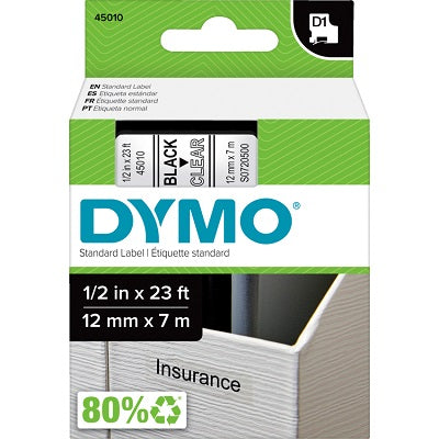 Tape-Dymo D1, 1/2" X  23' Black On Clear - 45010