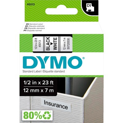 Tape-Dymo D1, 1/2" X 23' Black On White - 45013
