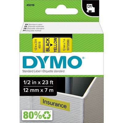 Tape-Dymo D1, 1/2" X 23' Black On Yellow - 45018