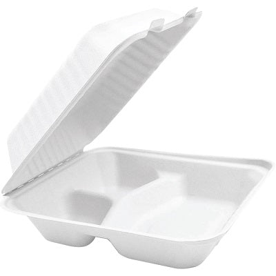 Food Containers-Compostable Hinged 3-Section  9X9X3" 50/Pk - 6015
