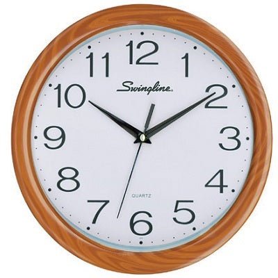 Clock-12" Round, Fashion, White Face/Woodgrain Frame - 64474-27007