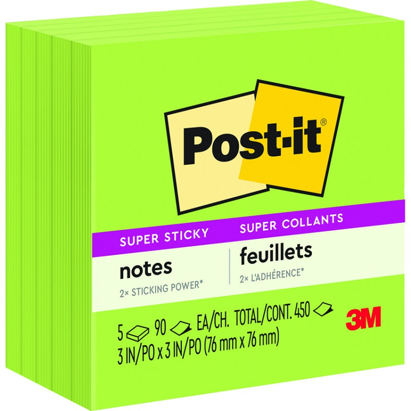 Notes-Post-It, Super Sticky 3X3 Limeade 5/Pack - 654-5SSLE