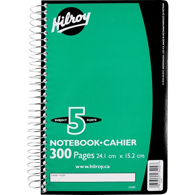 Notebook-Coil, 5-Subject 300 Pages, 9-1/2" X 6", Green - 65800-06411