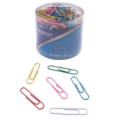 Paper Clips-Vinyl 50Mm 200/Tub Assorted Colours - 65956-90827