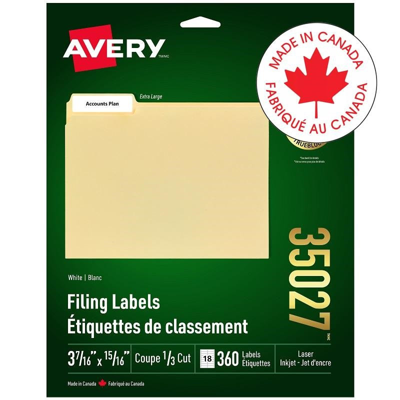Labels-File Folder Permanent 3-7/16X15/16 White 360/Pk - 67933-35027