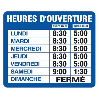 Sign Kit-Business Hours 9X11 Static Cling, French - 83392-08399