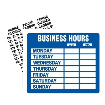 Sign Kit-Business Hours 9X11 Static Cling, English - 83392-09573