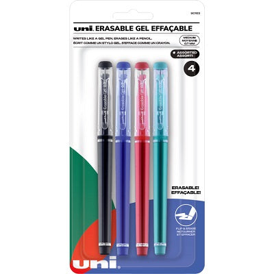 Pen-Stick, Uni Erasable Gel, Medium, Assorted 4/Pk - 90163