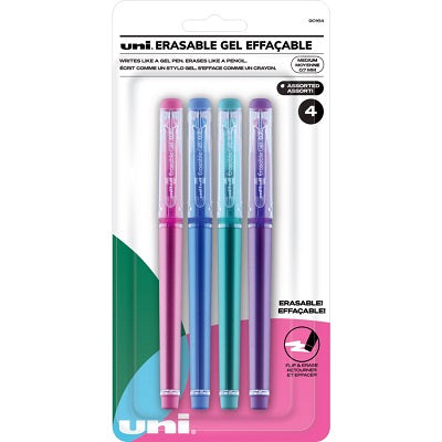 Pen-Stick, Uni Erasable Gel, Medium, Fashion Assorted 4/Pk - 90164
