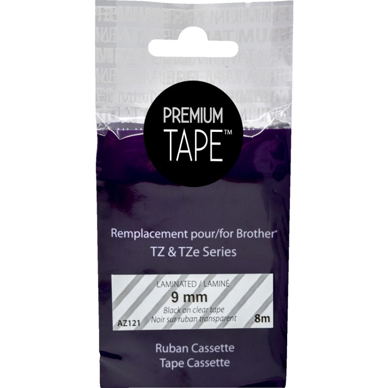 Tape-P-Touch Compatible Tz Laminated, 9Mm Black On Clear - AZ121