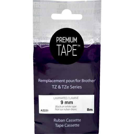 Tape-P-Touch Tz Compatible Laminated, 9Mm Black On White - AZ221