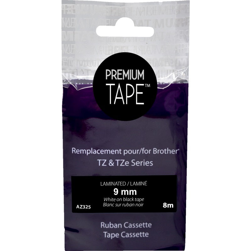 Tape-P-Touch Tz Compatible Laminated, 9Mm White On Black - AZ325