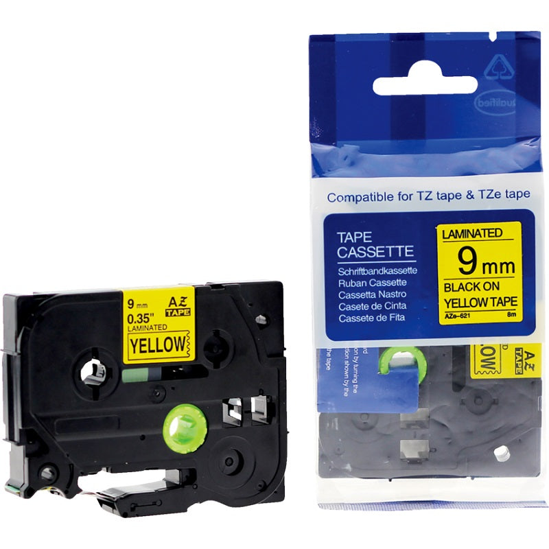 Tape-P-Touch Tz Compatible Laminated, 9Mm Black On Yellow - AZ621