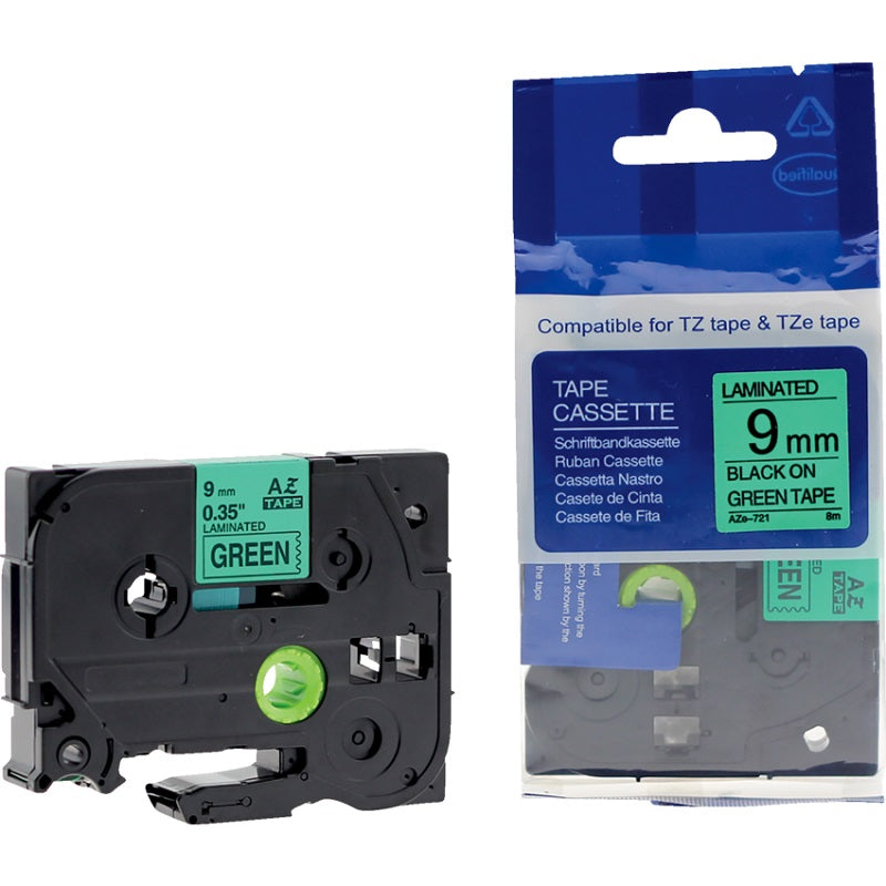 Tape-P-Touch Tz Compatible Laminated, 9Mm Black On Green - AZ721
