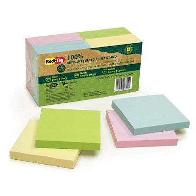 Notes-Self Adhesive Redi-Tag Recycled 3X3 Pastel 12/Pack - B26704