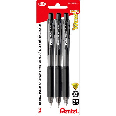 Pen-Retractable Ballpoint, Wow 1.0Mm Black 3/Pack - BK440BP3-A