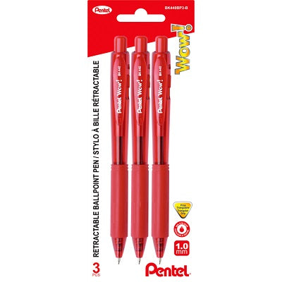 Pen-Retractable Ballpoint, Wow 1.0Mm Red 3/Pack - BK440BP3-B