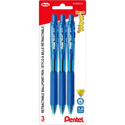 Pen-Retractable Ballpoint, Wow 1.0Mm Blue 3/Pack - BK440BP3-C