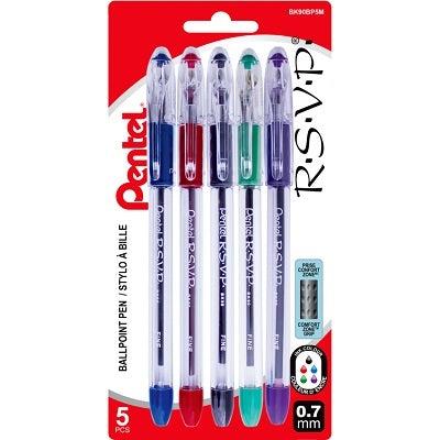 Pen-Stick, R.S.V.P Ballpoint Fine, Assorted 5/Pack - BK90BP5M