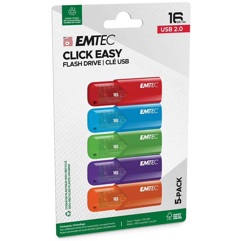 Flash Drive-Emtec Click Easy Usb 2.0 16Gb, Assorted 5-Pack - ECMMD16GB112P5