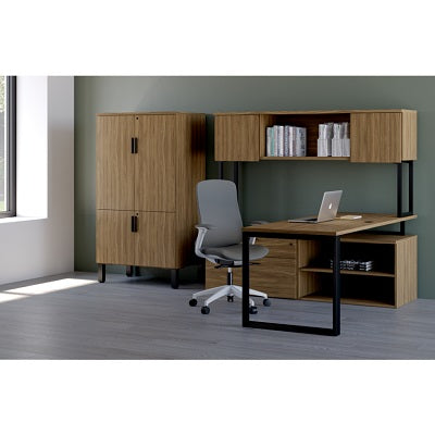 Workstation-Tiered Level L-Shaped, Black Walnut - LEV-LAYOUT1-LOOP-BWBWBL