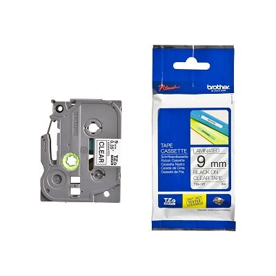 Tape-P-Touch Tz Laminated, 9Mm Black On Clear - TZE121