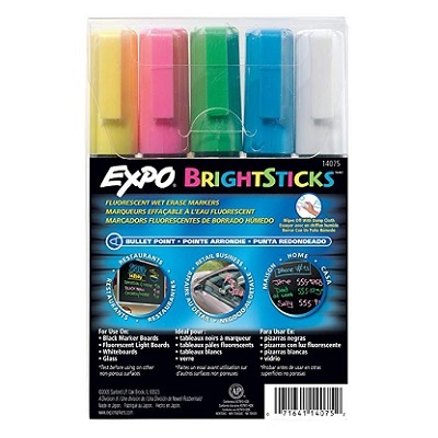 Marker Set-Wet Erase, Expo Bright Sticks, Bullet, 5 Assorted