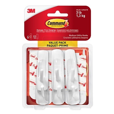 Hook-Command Adhesive, Medium, White, 6/Pk