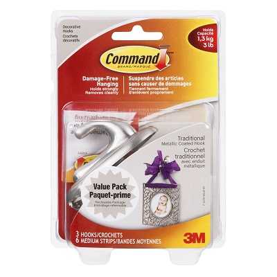 Hook-Command Adhesive, Medium, Faux Metal, Brushed Nickel 3/