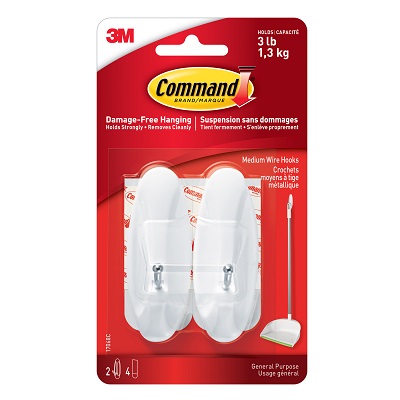 Hook-Command Adhesive, Medium Wire, White, 2/Pk