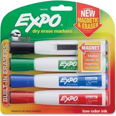 Marker Set-Dry Erase, Expo Magnetic W/Eraser, 4 Chisel Tip