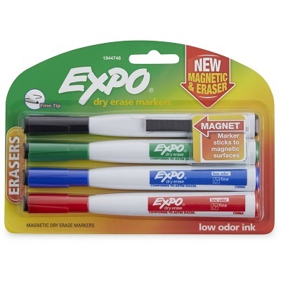 Marker Set-Dry Erase, Expo Magnetic W/Eraser, 4 Fine Point