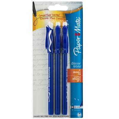 Pen-Stick, Erasemate Ballpoint, Medium Blue, 3/Pack