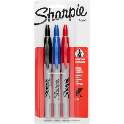 Marker-Permanent, Sharpie Retractable, Fine Assorted 3/Pk