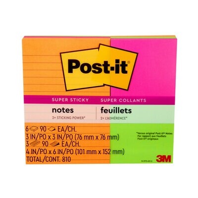 Notes-Post-It, Super Sticky, Assorted Sizes, Energy 9/Pack