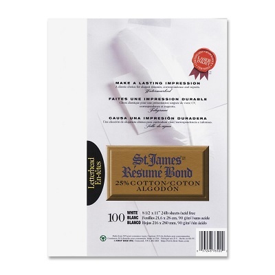 Paper-Resume Bond, Letterhead, Cotton, White 100/Pack