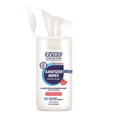 Sanitizing Wipes-Zytec Germ Buster, 80% Alcohol 100/Tub
