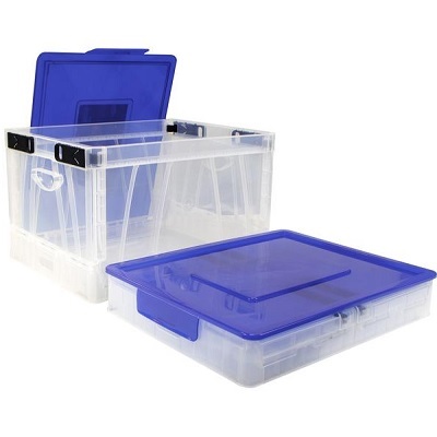 File Crate-Letter/Legal, Collapsible, Clear/Blue Lid,4/pk