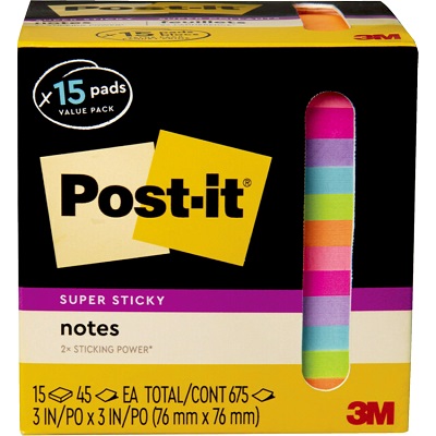 Notes-Post-It, Super Sticky 3X3 Assorted 15 Pads/Pack