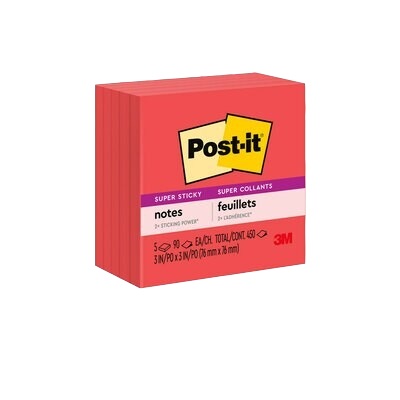 Notes-Post-It, Super Sticky 3X3 Candy Red 5/Pack