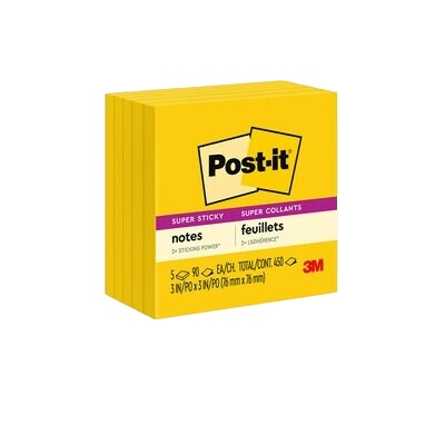 Notes-Post-It, Super Sticky 3X3 Electric Yellow 5/Pack