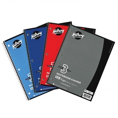 Notebook-Coil, 3-Subject 10.5X8 108 Page 3-Hole, Assorted