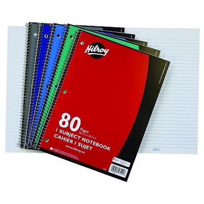 Notebook-Coil, 1-Subject 10.5X8 80 Page 3-Hole, Assorted