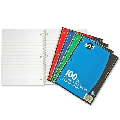 Notebook-Coil, 1-Subject 10.5X8 100 Page 3-Hole, Assorted